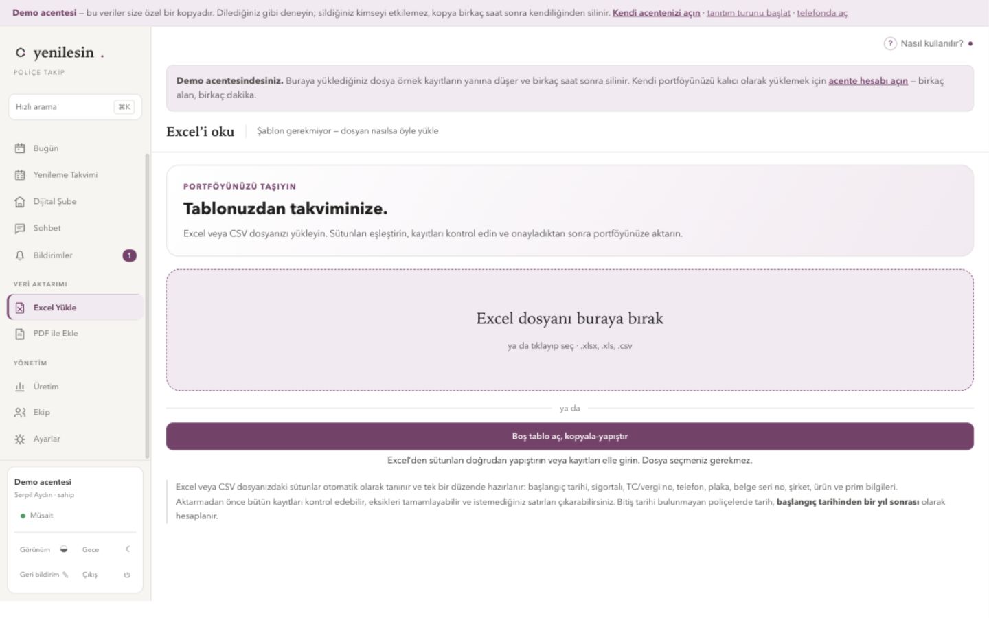 Demo acentesinde Excel dosyası yükleme ve tablo yapıştırma ekranı
